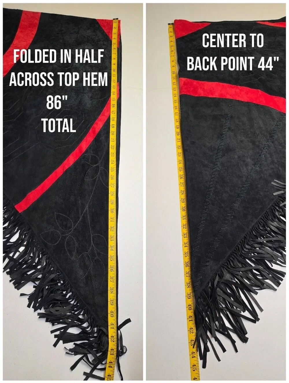 Vintage Black & Red Suede Nubuck All Leather Fringe Shawl Embroidered